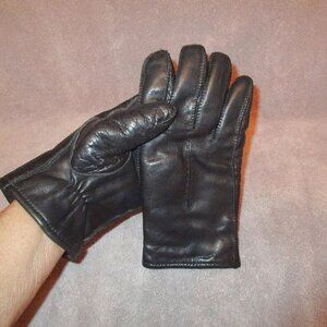 Vtg Men's Leather Gloves Size L Rabbit Fur Lined Black Whipstitched Biker Moto